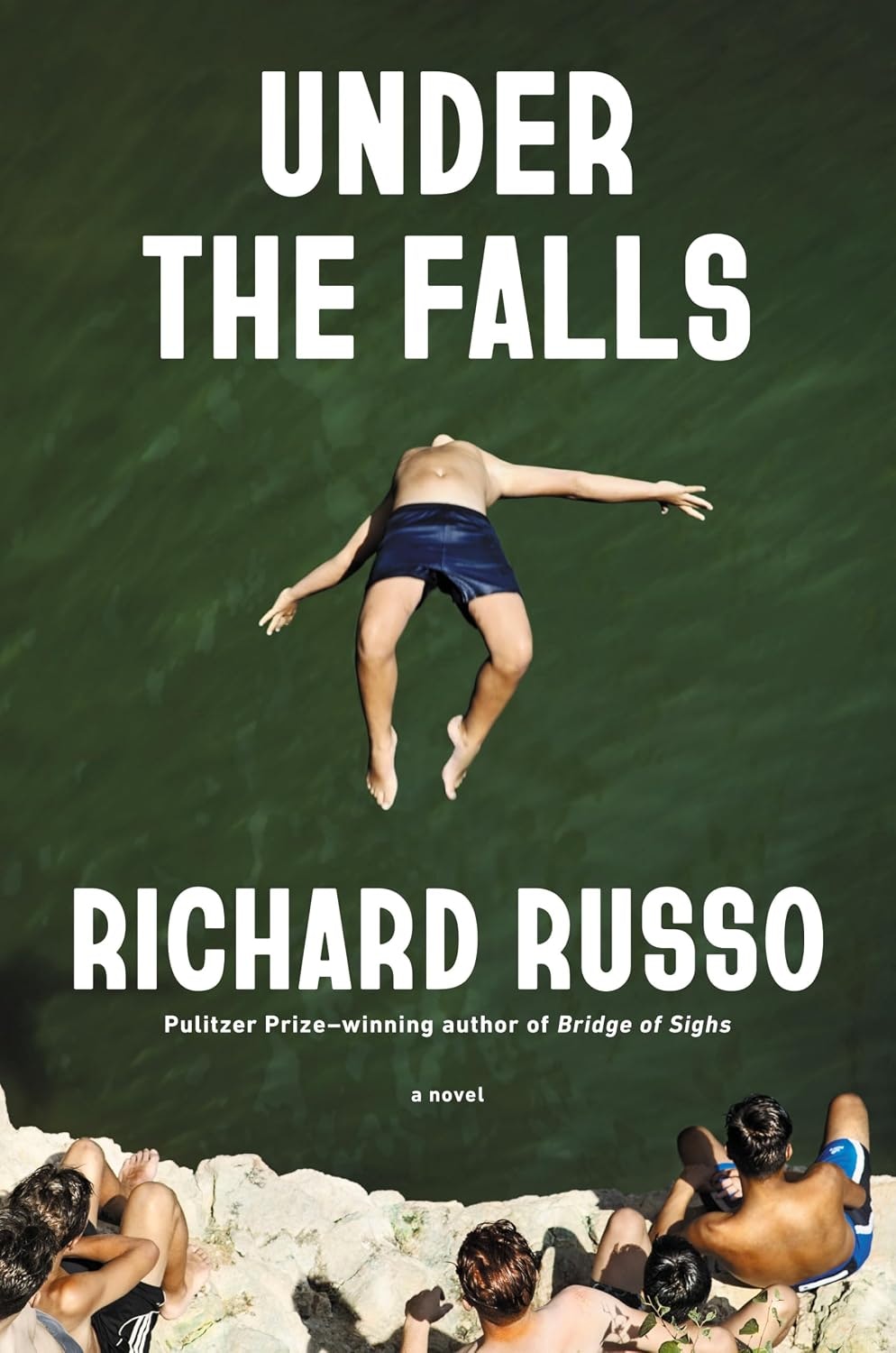 The image features the book "Under the Falls" by Richard Russo, showing a person diving into water, with others observing.