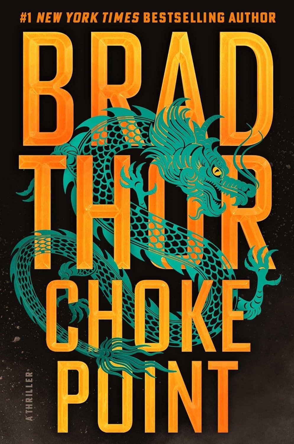 The image features the book cover of "Choke Point" by Brad Thor, highlighting its title and a dragon design.