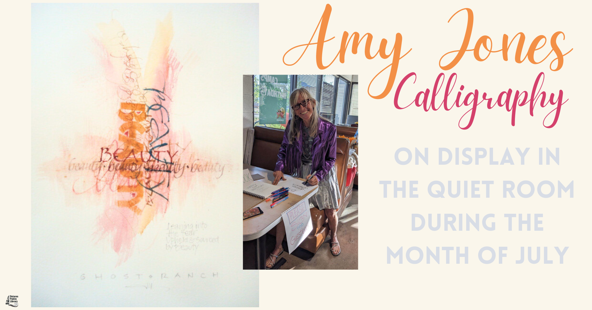 Artwork and a woman writing, text promoting "Amy Jones Calligraphy" displayed in July.