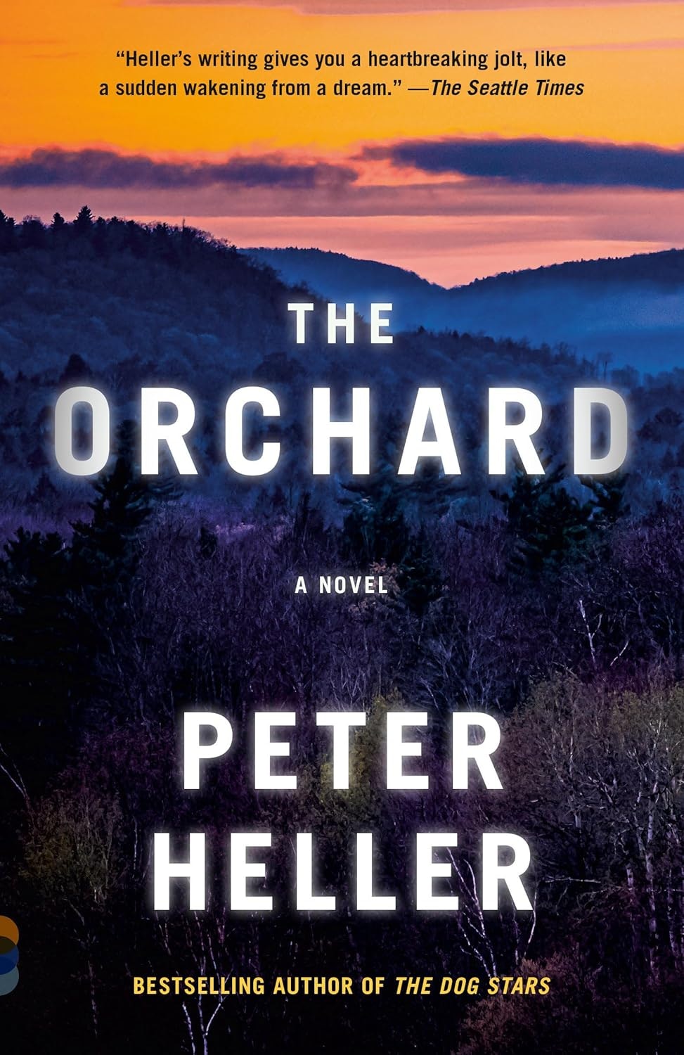 The image is a book cover for "The Orchard" by Peter Heller, featuring a scenic background and a notable quote.
