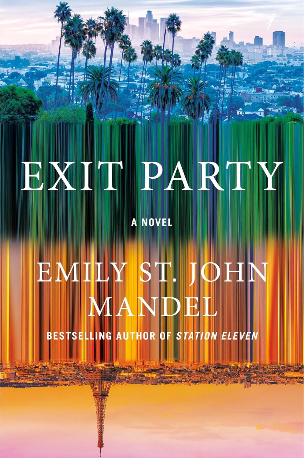 The image features the book cover of "Exit Party" by Emily St. John Mandel, showcasing a vibrant urban skyline design.