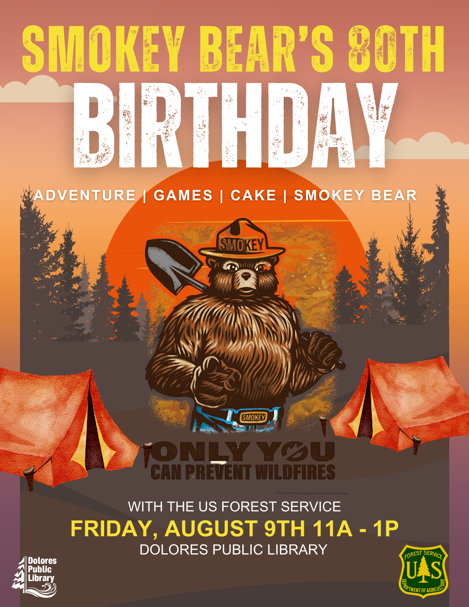 A poster for Smokey Bear's 80th birthday event with adventure, games, cake, featuring the iconic character and wildfire prevention message.