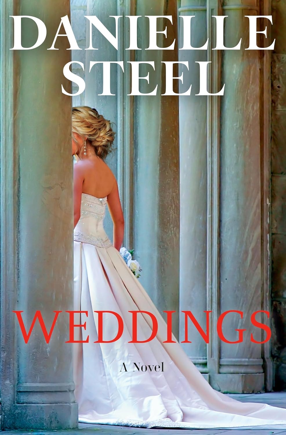 The image features a book cover of "Weddings" by Danielle Steel, showcasing a bride in a wedding gown.