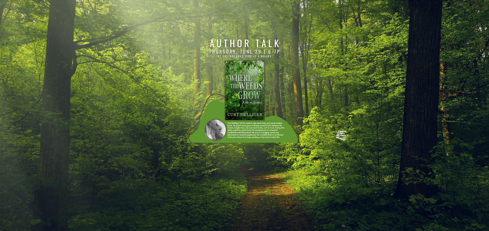 Background picture of path in forest. image of book cover and author photo. Text describes event details and author bio.