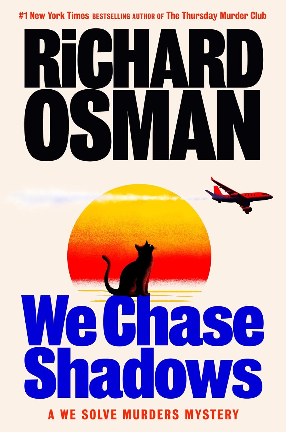 The image features the book cover for "We Chase Shadows" by Richard Osman, showcasing a silhouette of a cat against a sunset.