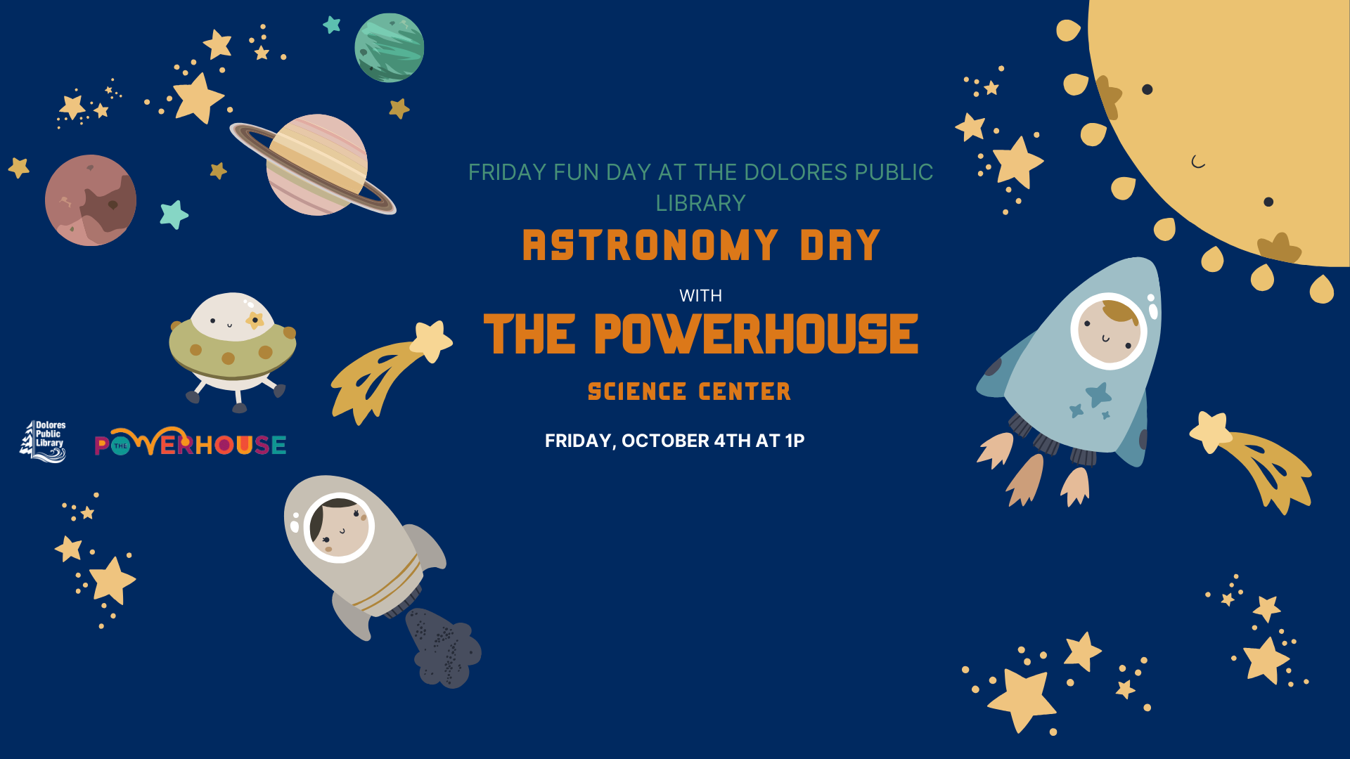 A colorful poster for an Astronomy Day event with cartoon planets, stars, and spaceships.