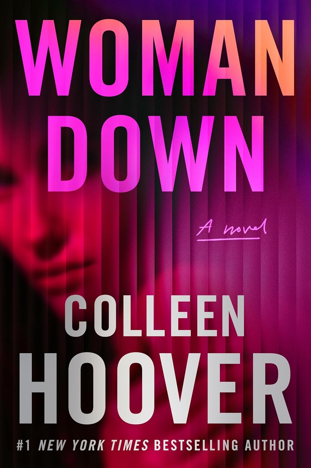The image features the book cover of "Woman Down," a novel by Colleen Hoover, highlighted with bold pink and purple text.
