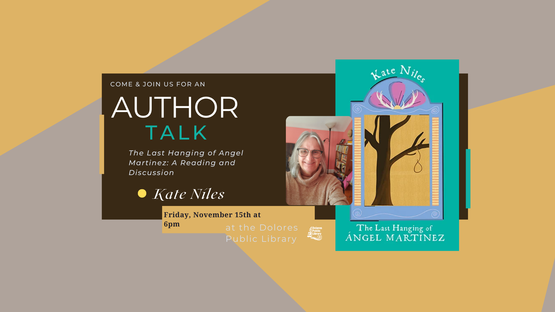 An author talk event advertisement with a photo of the author and book cover.