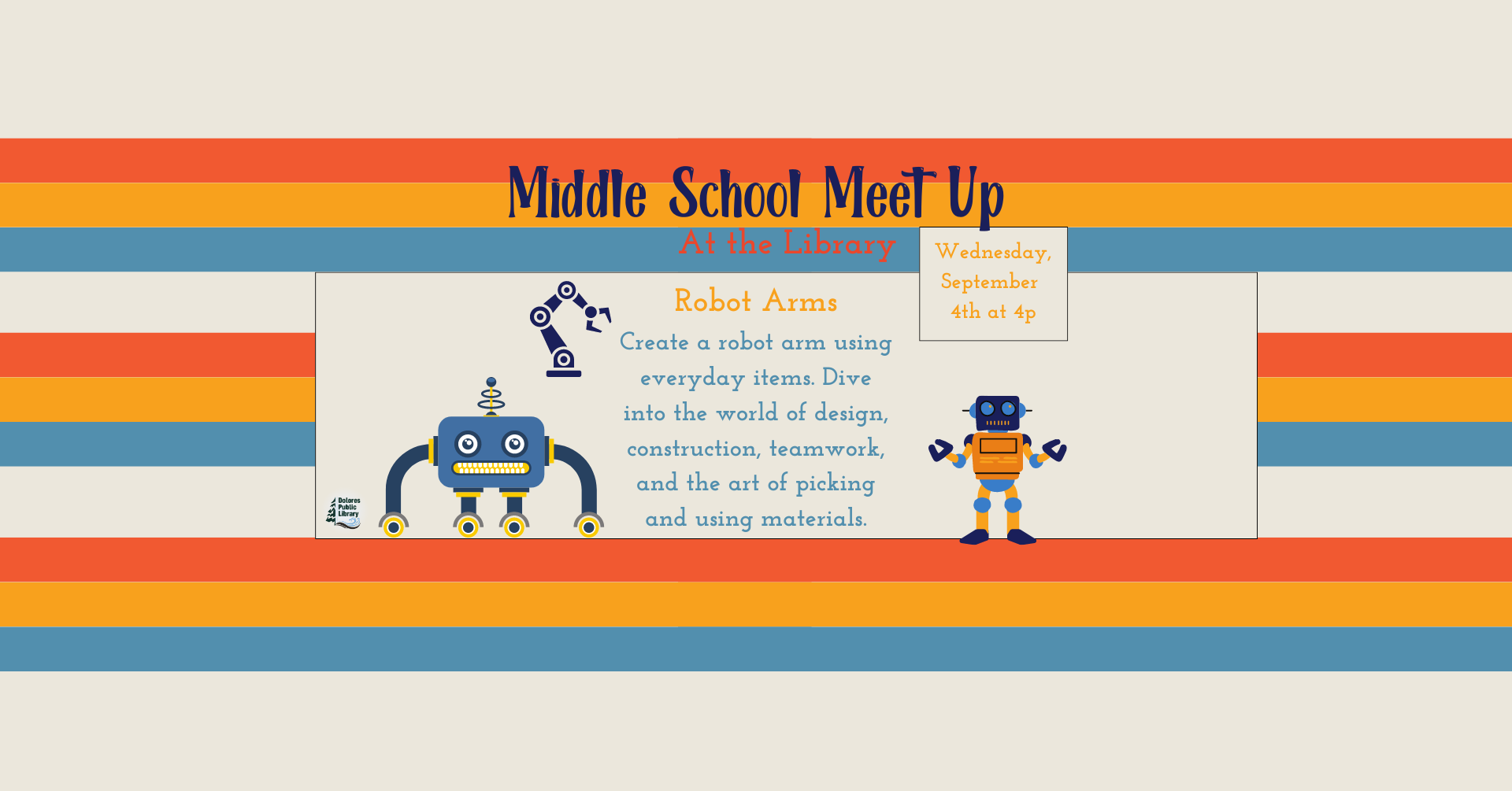 An illustrated flyer for a Middle School Meet Up event at a library, focused on creating a robot arm.