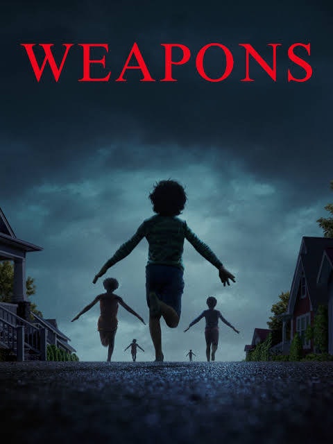 Silhouetted children running down a street under a stormy sky, with the word "WEAPONS" in red above.