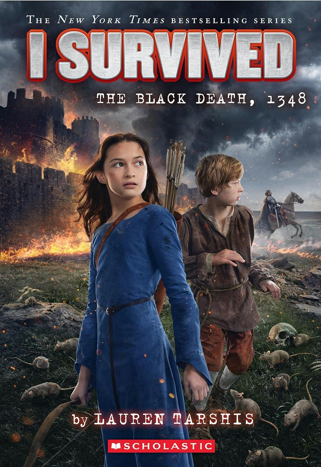 A book cover showing two kids, a burning castle, rats, and the title "I Survived The Black Death, 1348."