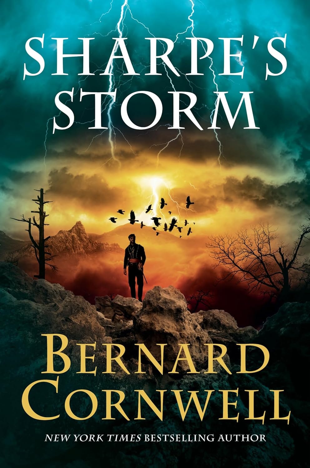 The image features the book "Sharpe's Storm" by Bernard Cornwell, showcasing a dramatic landscape and a lone figure.