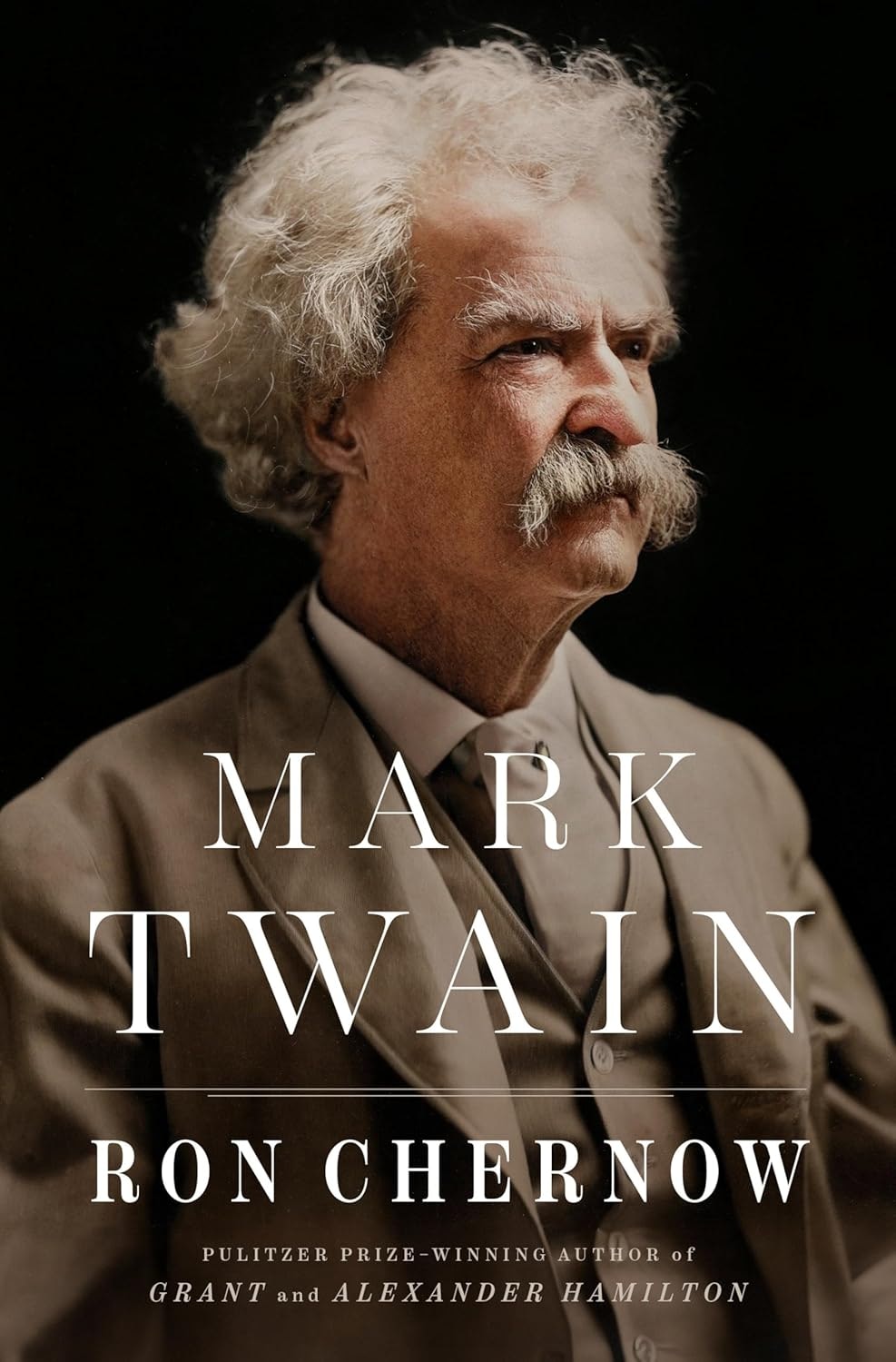 Book cover: "Mark Twain" by Ron Chernow, featuring a portrait of an older man with white hair and mustache.