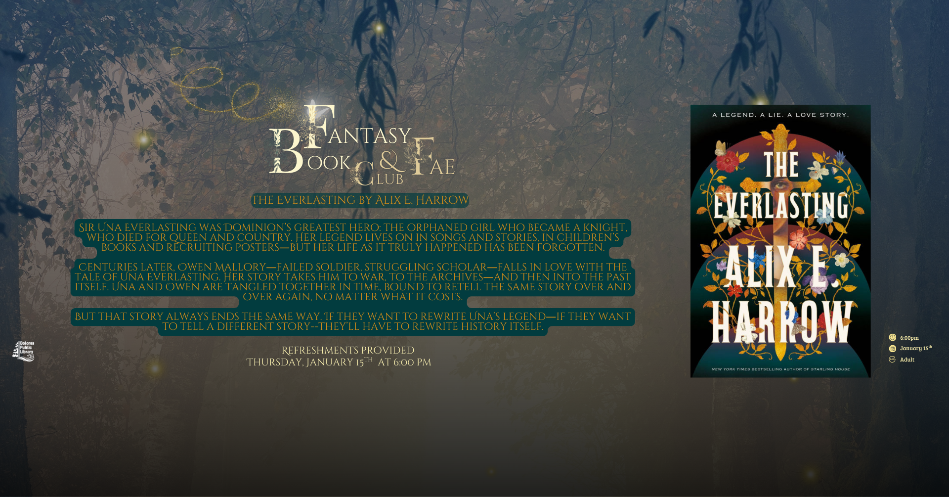 A book club event for "The Everlasting" by Alix E. Harrow, exploring themes of legend, love, and rewriting history.