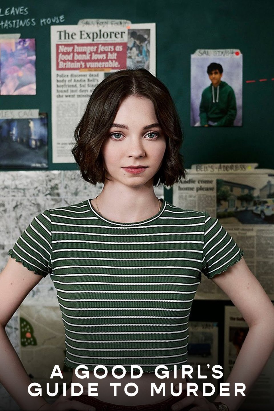 A girl stands in front of a wall with newspaper clippings, labeled "A Good Girl's Guide to Murder."