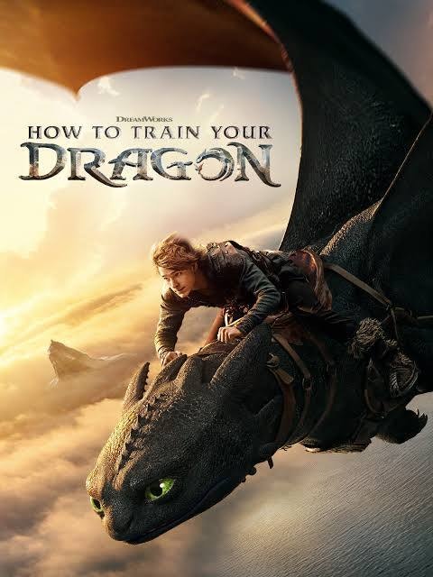 A person riding a dragon in the sky, with "How to Train Your Dragon" title text.