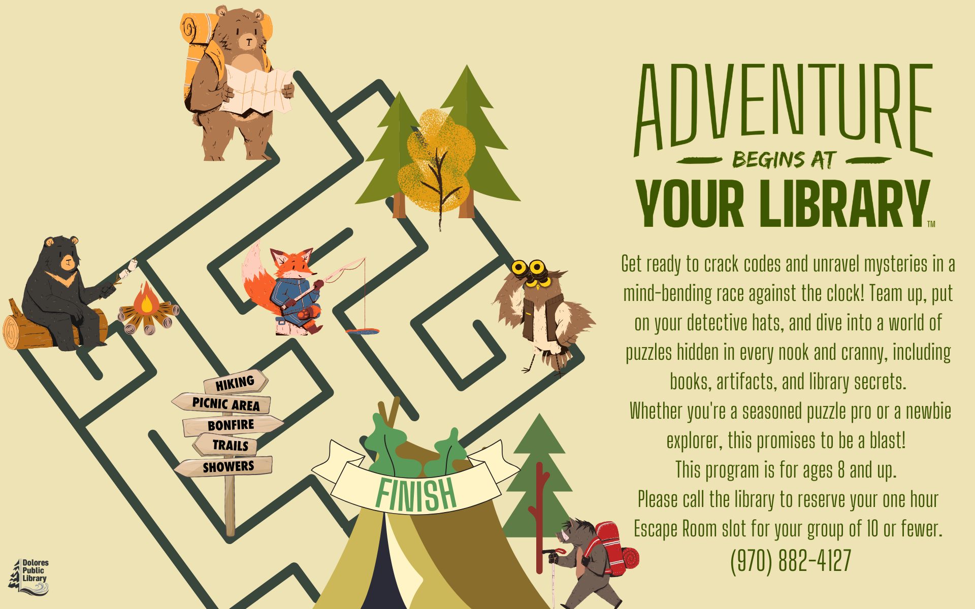 Animated animals on an adventure trail with text promoting library activities, puzzles, and an escape room for ages 8+.