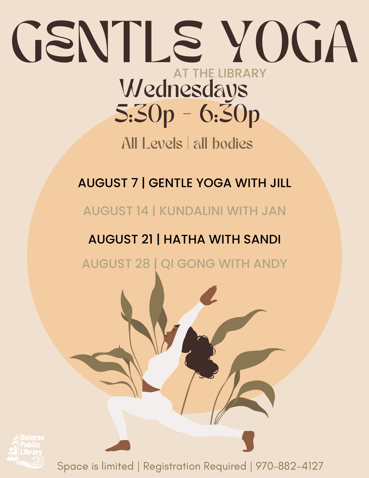 A poster for Gentle Yoga classes at a library, listing dates, yoga styles, instructors, and a contact number.