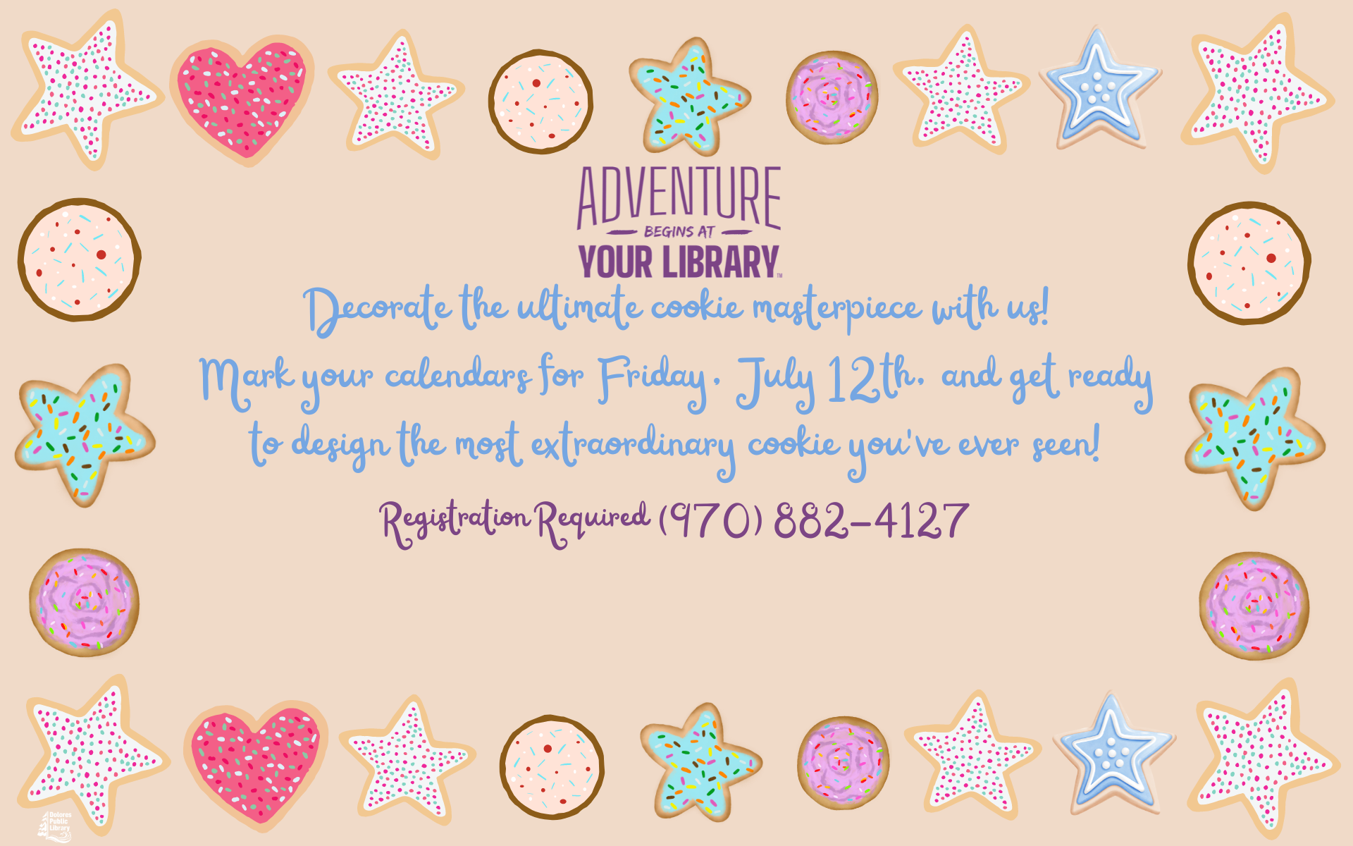 An invitation to a cookie decorating event at a library with colorful cookie illustrations and registration details.