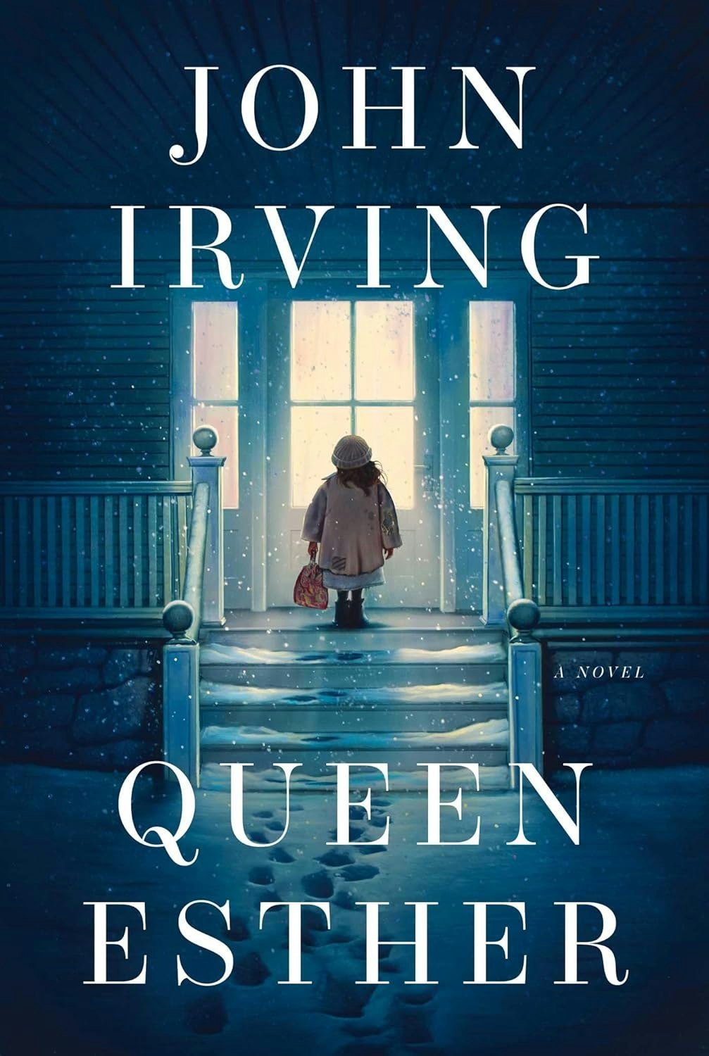 A person in winter clothing stands at a door with snow falling, under the text "John Irving, Queen Esther, A Novel."