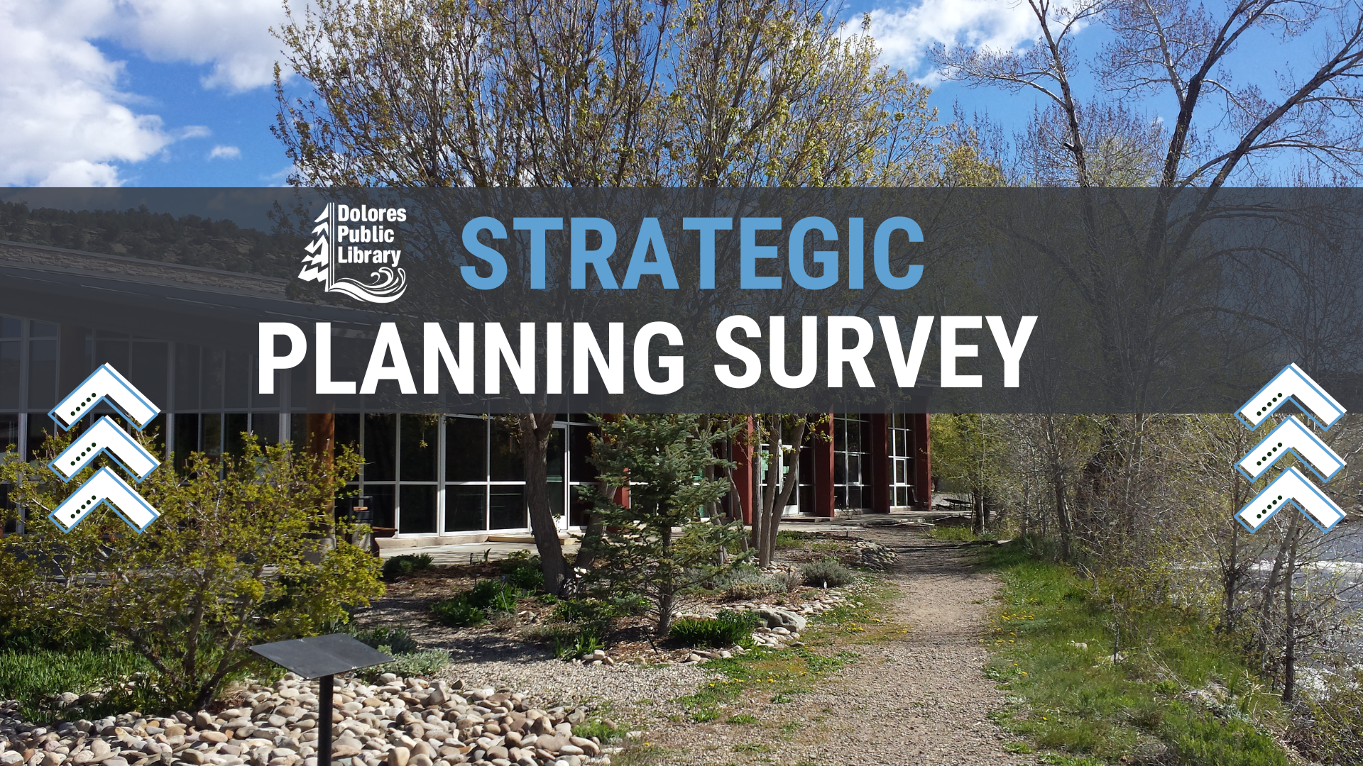 Dolores Public Library Strategic Planning Survey banner with trees and clear sky background.