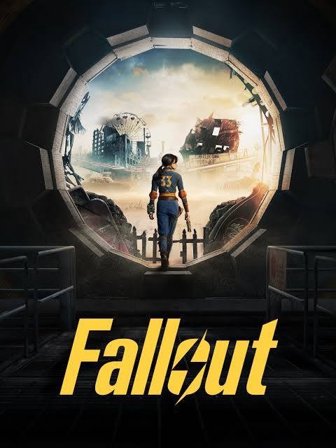 A person in a jumpsuit with "76" exits a vault, overlooking a post-apocalyptic landscape. Text reads "Fallout" below.