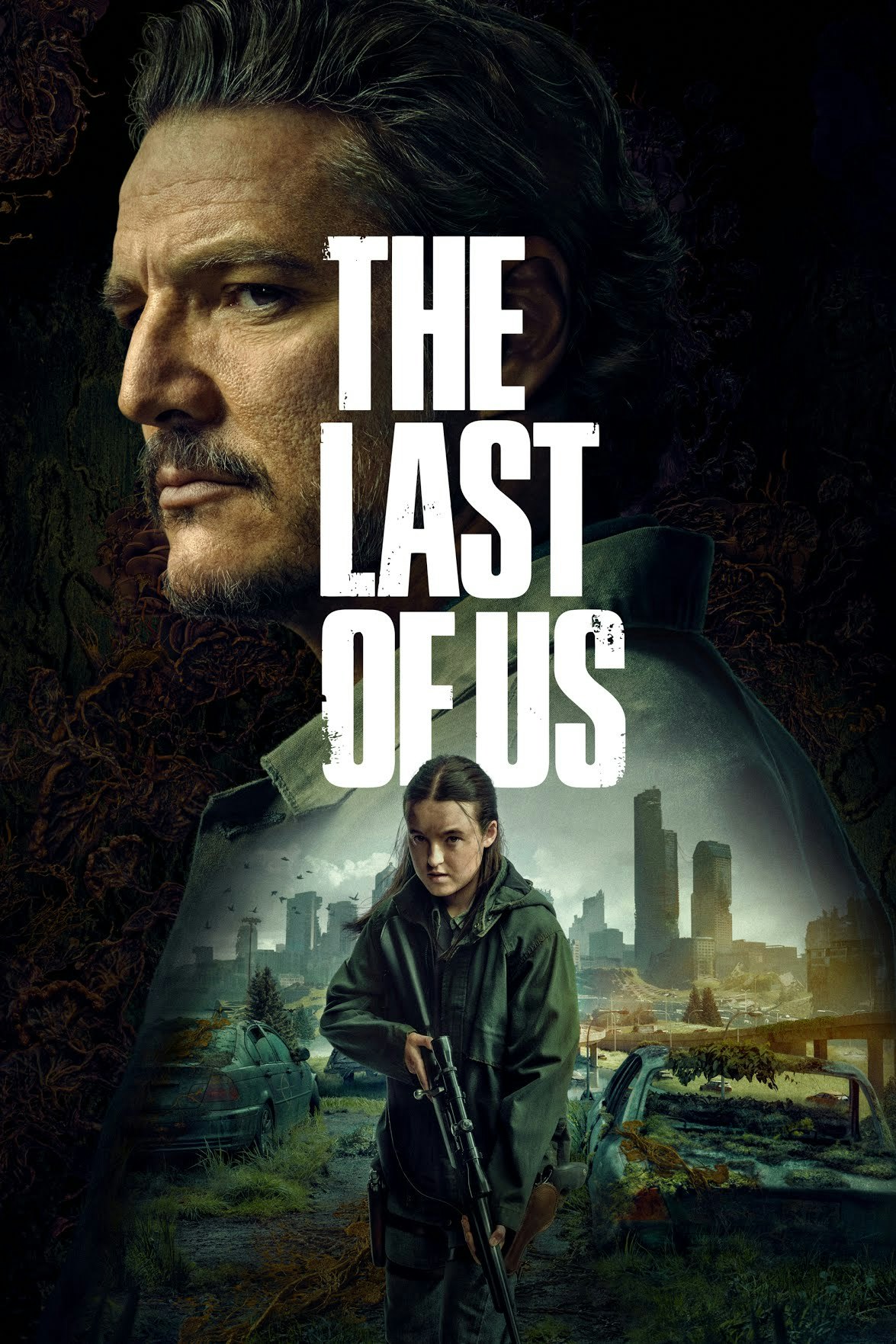 Promotional image for "The Last of Us" featuring two characters with a cityscape background.