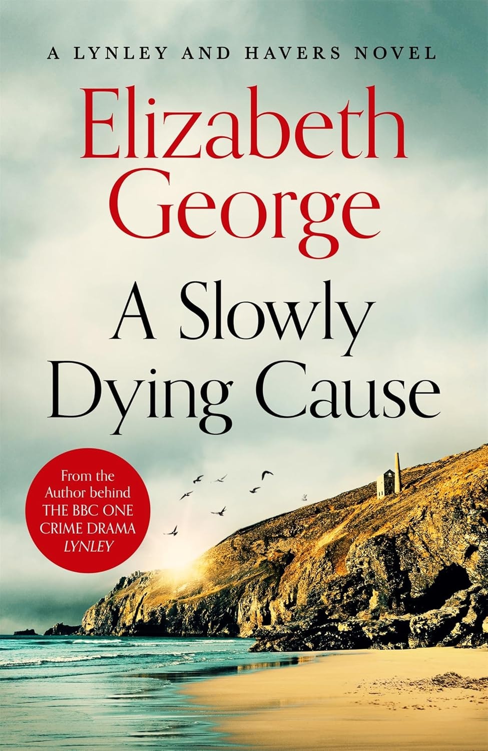 Book cover: "A Slowly Dying Cause" by Elizabeth George. Features a coastal scene and mentions a BBC crime drama connection.