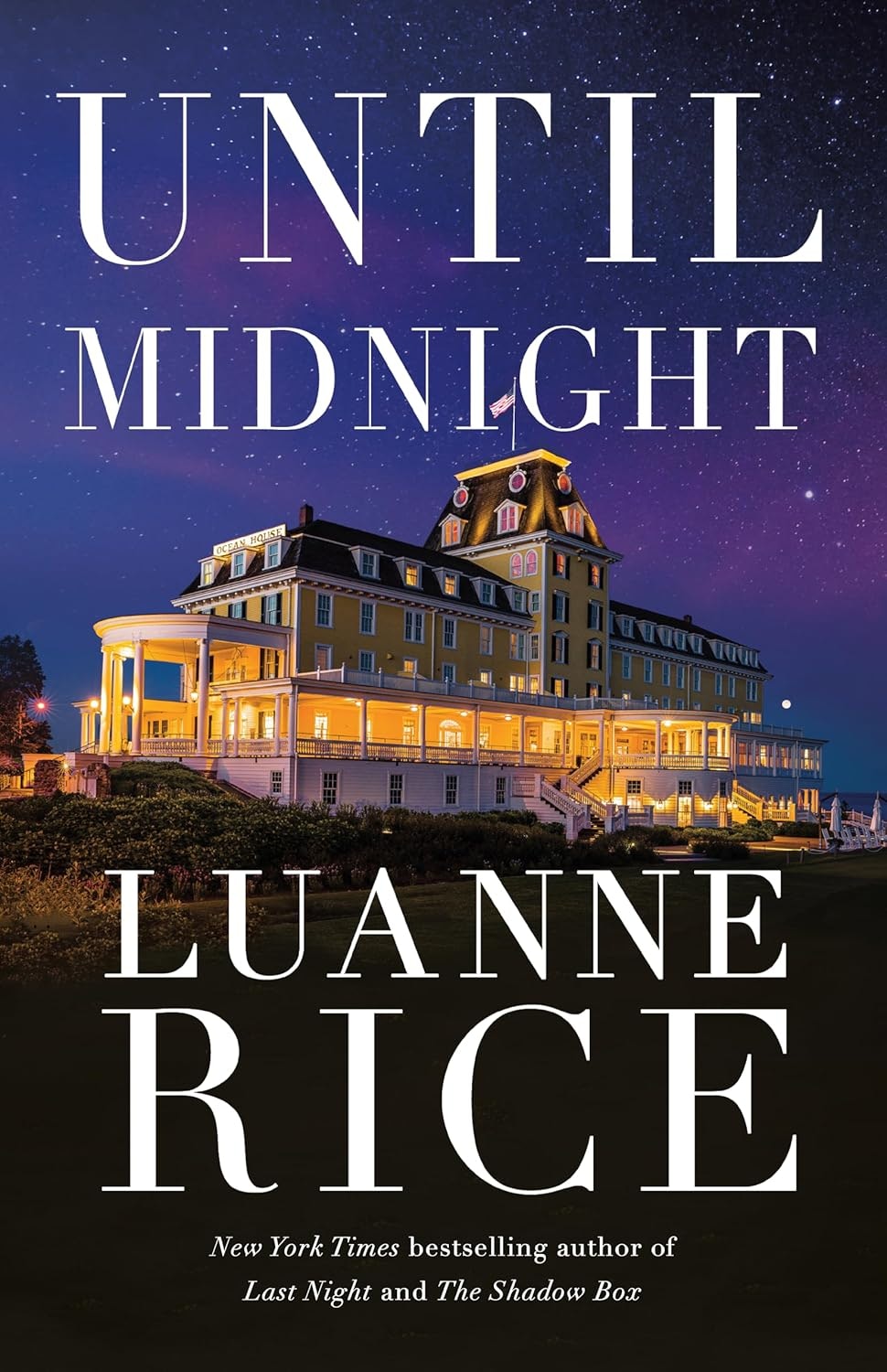 The image shows the book cover for "Until Midnight" by Luanne Rice, featuring a beautiful building under a starry sky.