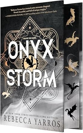 Book cover: "Onyx Storm" by Rebecca Yarros, featuring dragon illustrations and a dark, mystical theme.