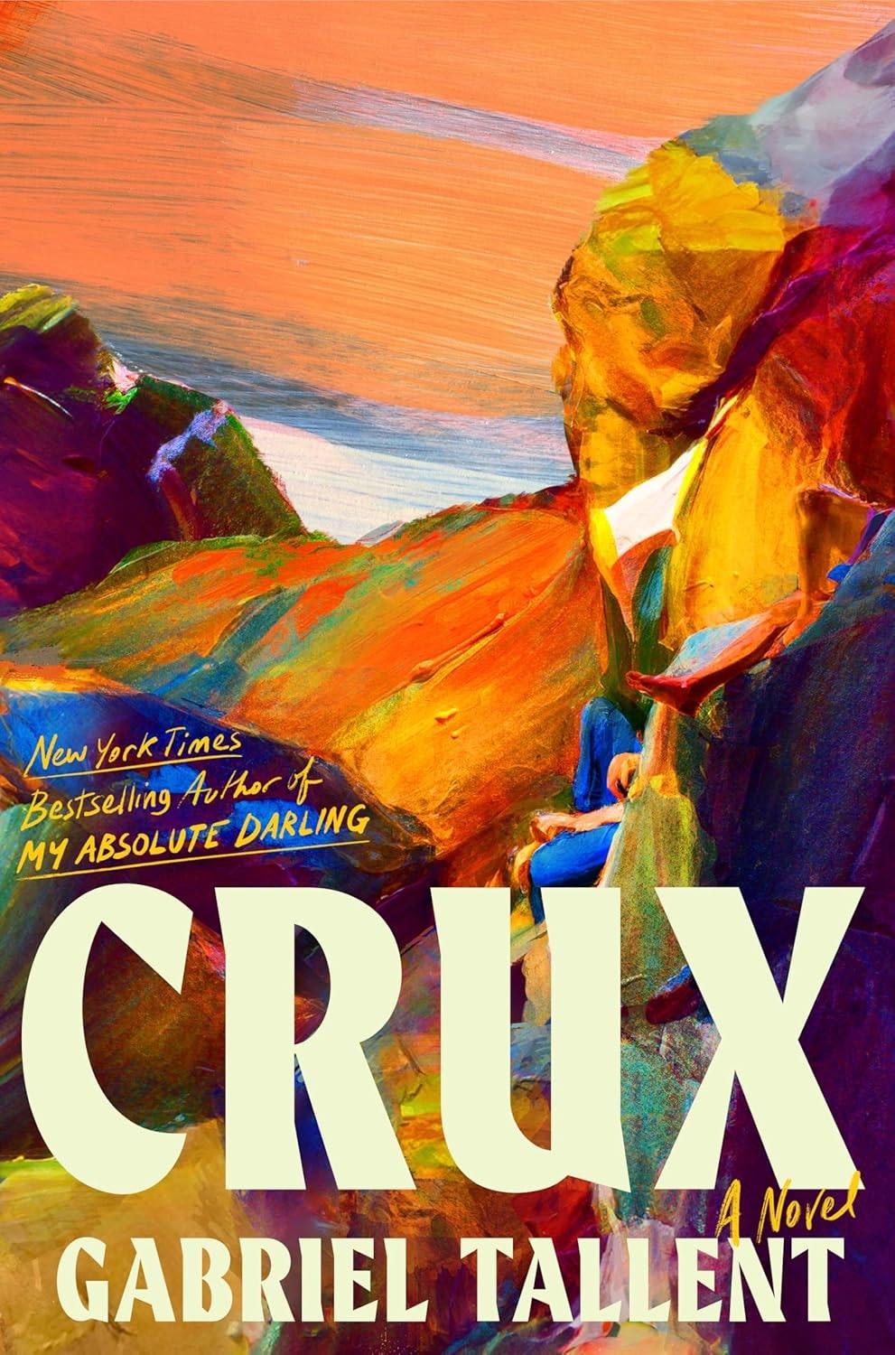The image features the book cover of "Crux" by Gabriel Tallent, showcasing vibrant colors and abstract artwork.