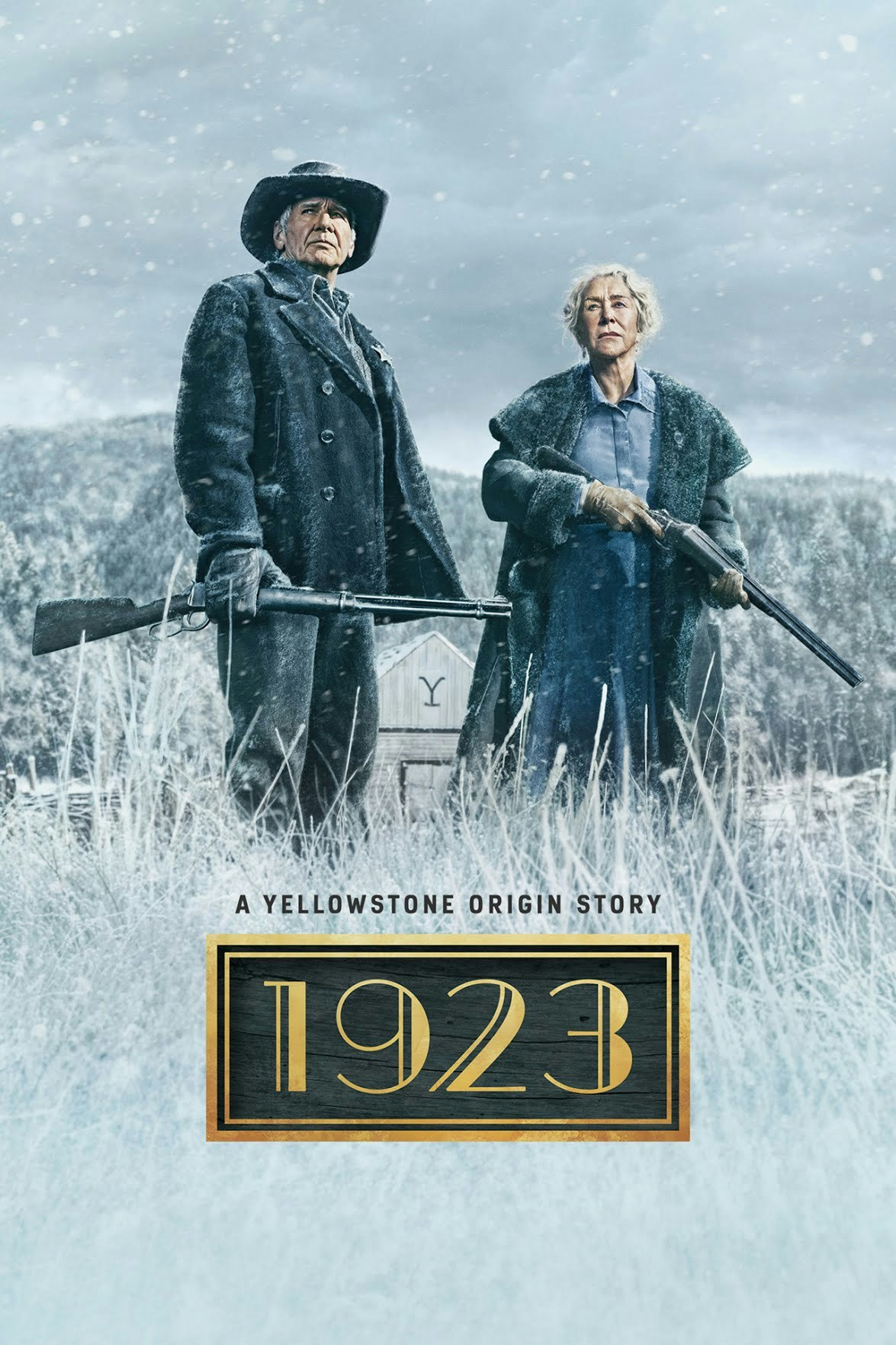 Two people in winter clothing holding rifles. Text: "1923, A Yellowstone Origin Story."