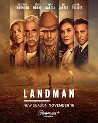 The image promotes the show "Landman," featuring a cast of notable actors, and announces a new season starting November 16.