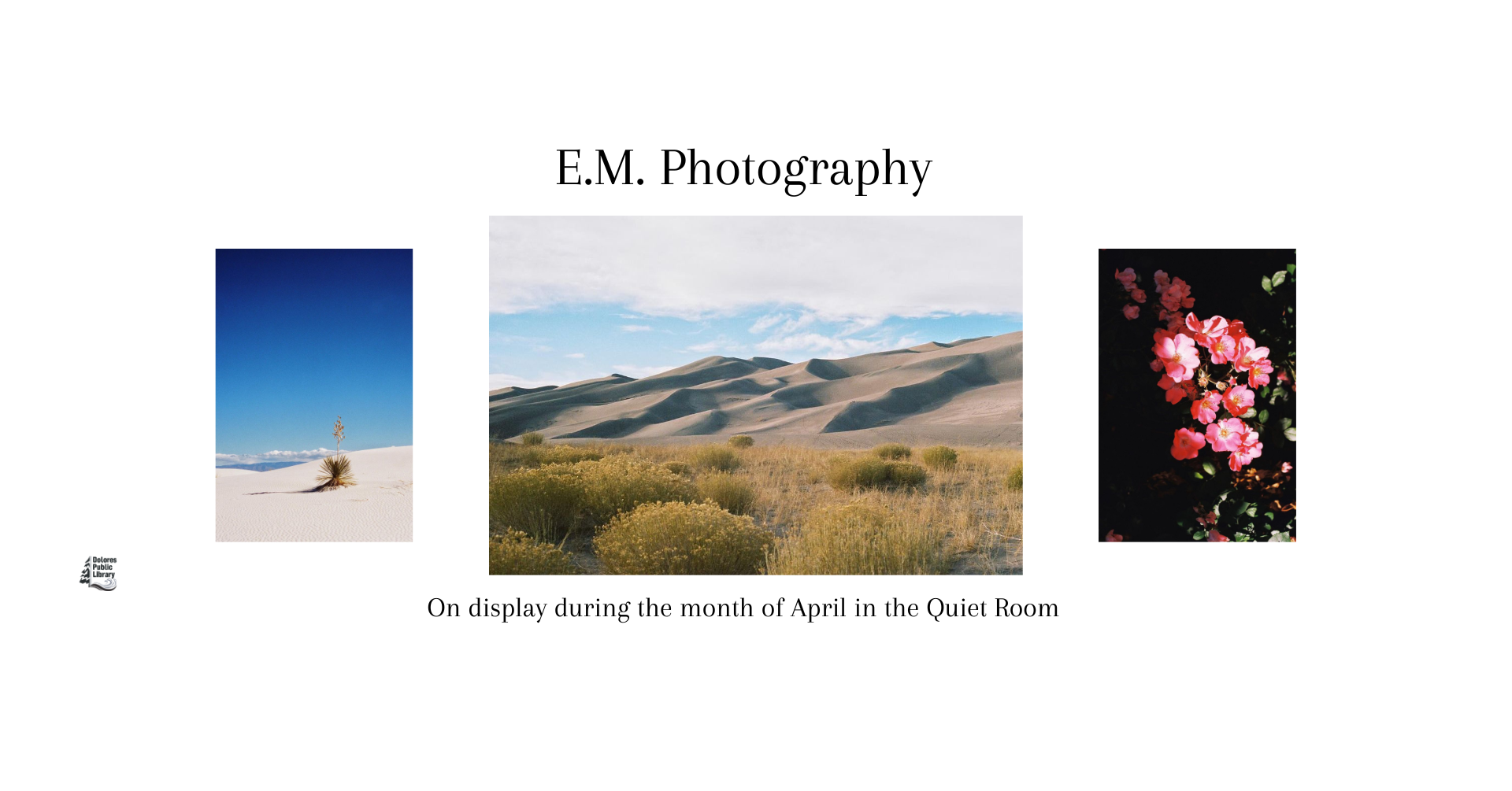 Three photographs of natural landscapes and flowers, titled "E.M. Photography," for display at a library.