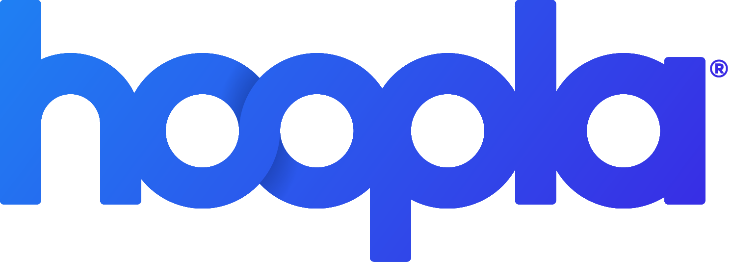 The image features the logo of "hoopla," designed in a gradient blue color scheme.