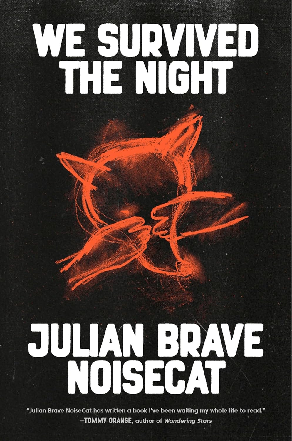 Book cover: "We Survived the Night" by Julian Brave NoiseCat, features orange cat illustration.