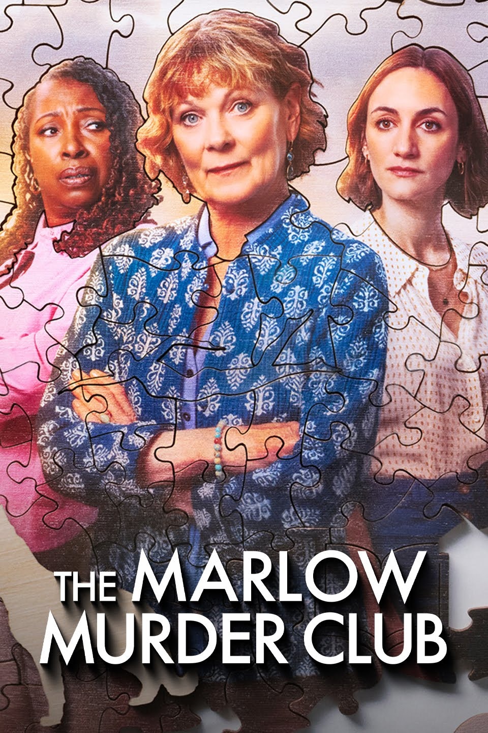 Three women on a puzzle-themed poster for "The Marlow Murder Club."