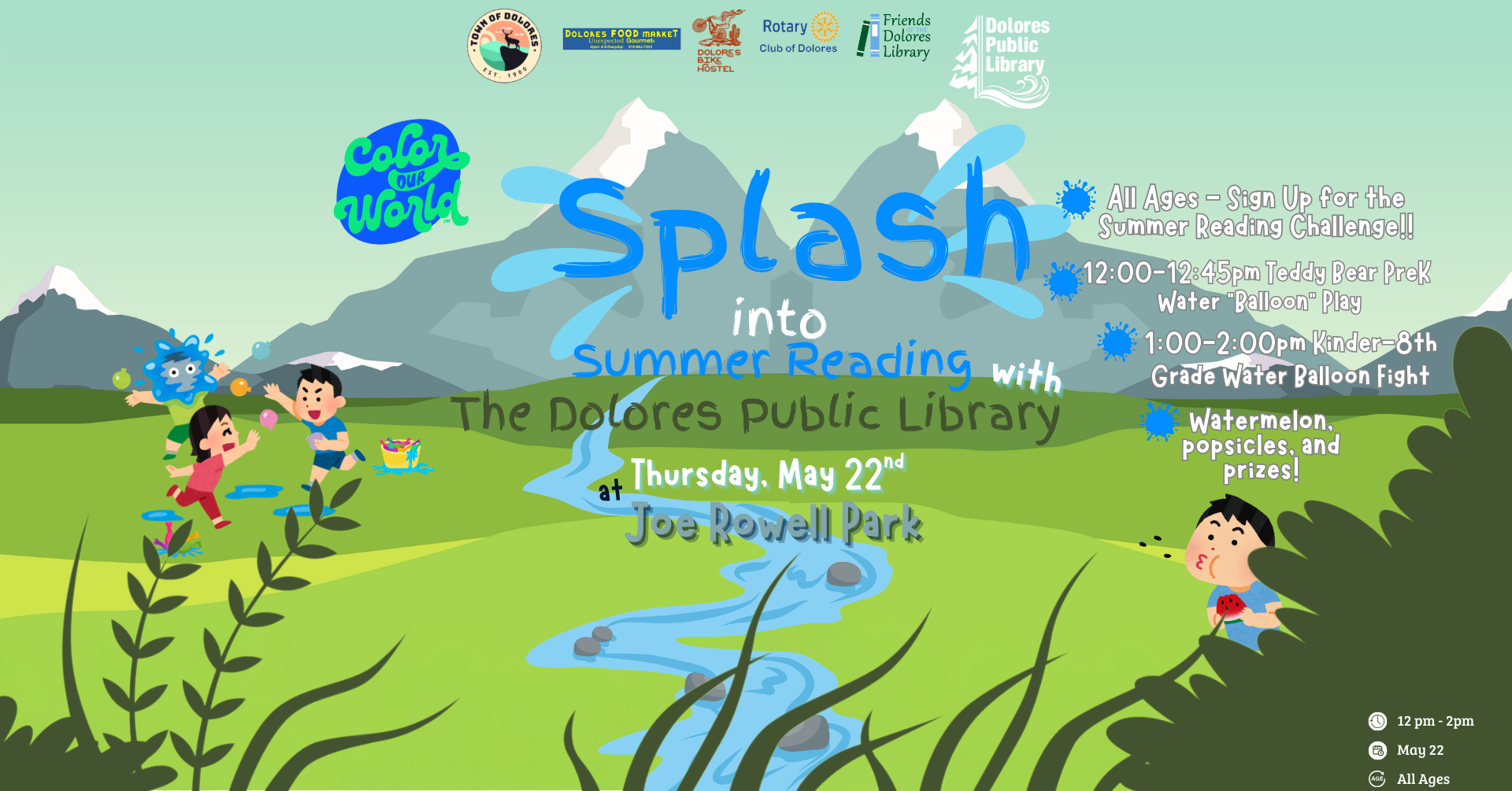 Event flyer for a summer reading challenge at Dolores Public Library with water games, snacks, and prizes on May 22 at Joe Rowell Park.