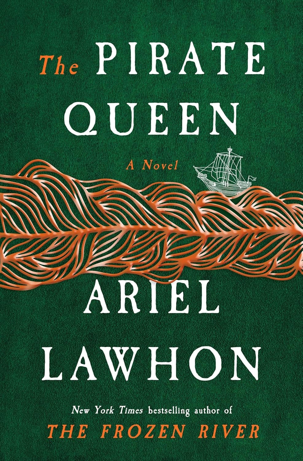 The image features the book cover of "The Pirate Queen" by Ariel Lawhon, highlighting its title and author against a green background.