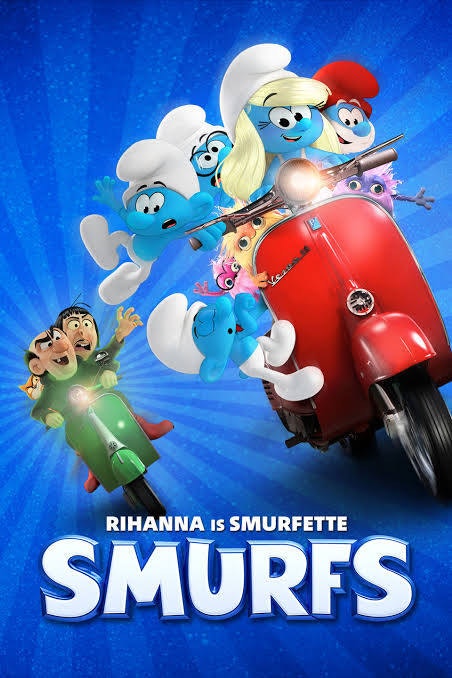 The Smurfs and two characters on scooters, colorful background, with the text "Rihanna is Smurfette" and "Smurfs" below.