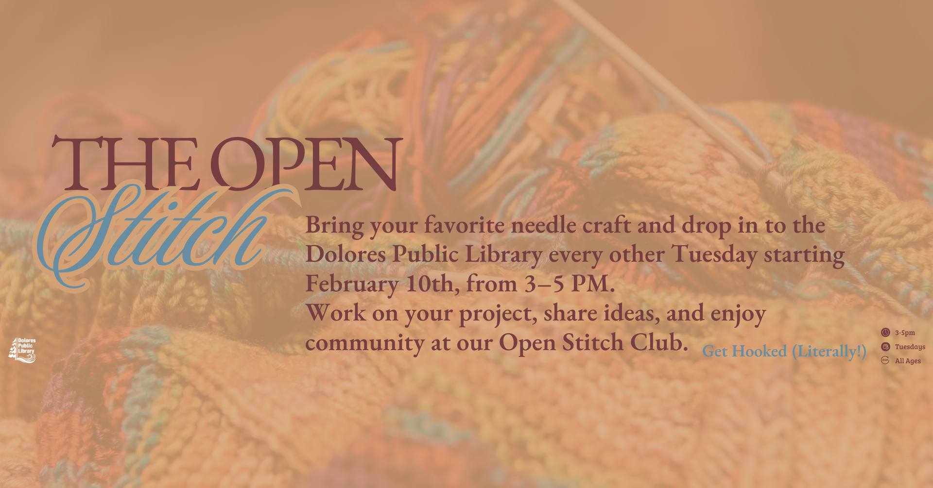 Join the Open Stitch at Dolores Public Library, every other Tuesday from Feb 10th, 3-5 PM. Share your projects and ideas!