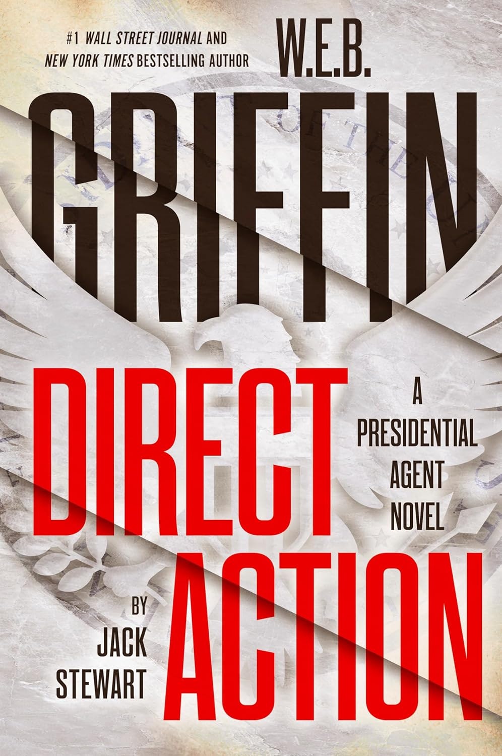 The image depicts the book cover of "Direct Action," a presidential agent novel by W.E.B. Griffin and Jack Stewart.