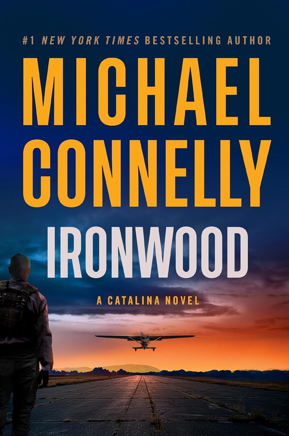The image features the book cover for "Ironwood," a Catalina novel by Michael Connelly, showcasing an airplane and a sunset.
