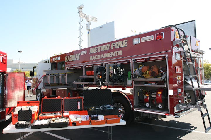 May contain: truck, vehicle, transportation, person, human, and fire truck