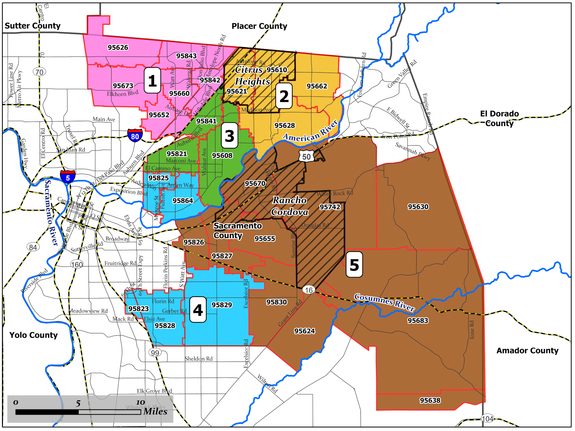A map of Sacramento County displaying numbered districts, zip codes, and nearby counties with color-coded regions.