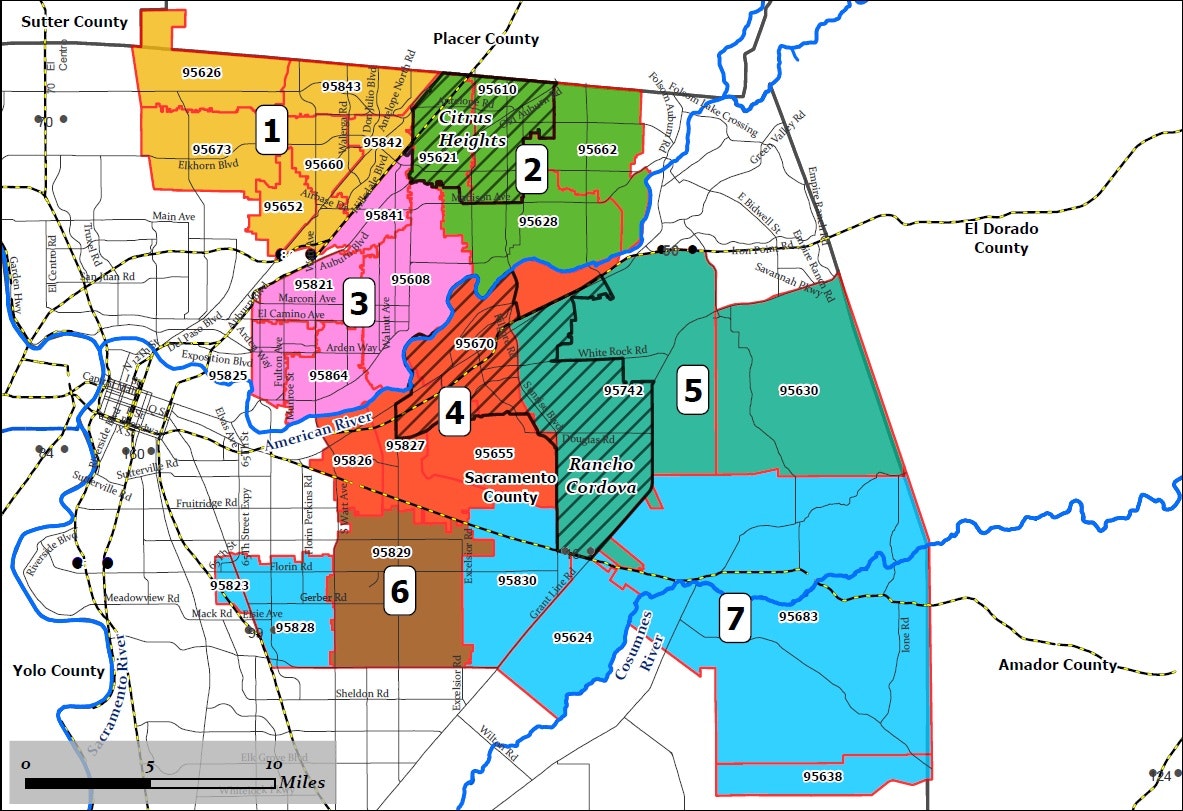 Map of Sacramento County with numbered regions and zip codes, showing Citrus Heights and Rancho Cordova.