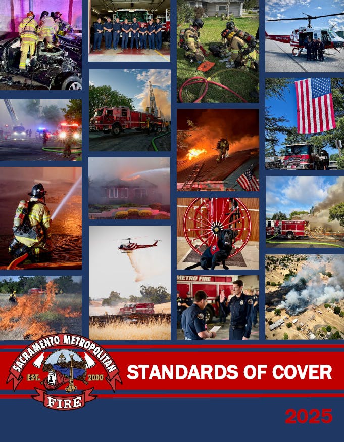 A collage showcasing Sacramento Metropolitan Fire's operations, firefighters in action, and fire equipment for the 2025 Standards of Cover.