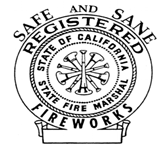 A seal for "Safe and Sane Registered Fireworks" by the State Fire Marshal, State of California.