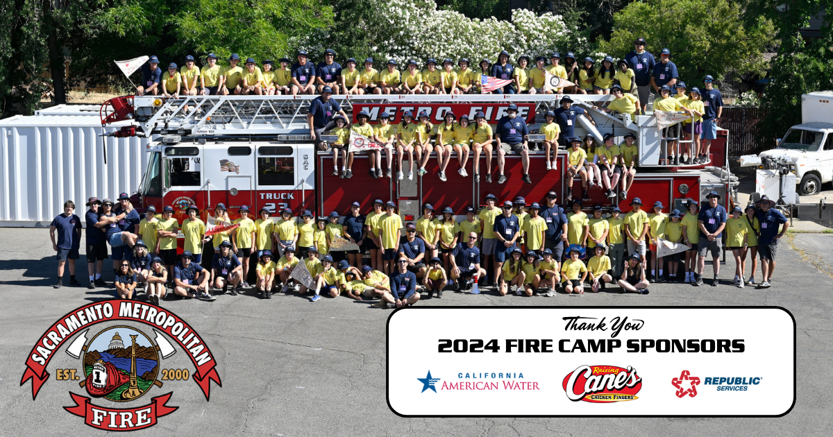 A group of people in yellow shirts and firetruck, with "2024 FIRE CAMP SPONSORS" thanking California American Water, Raising Cane's, and Republic Services.