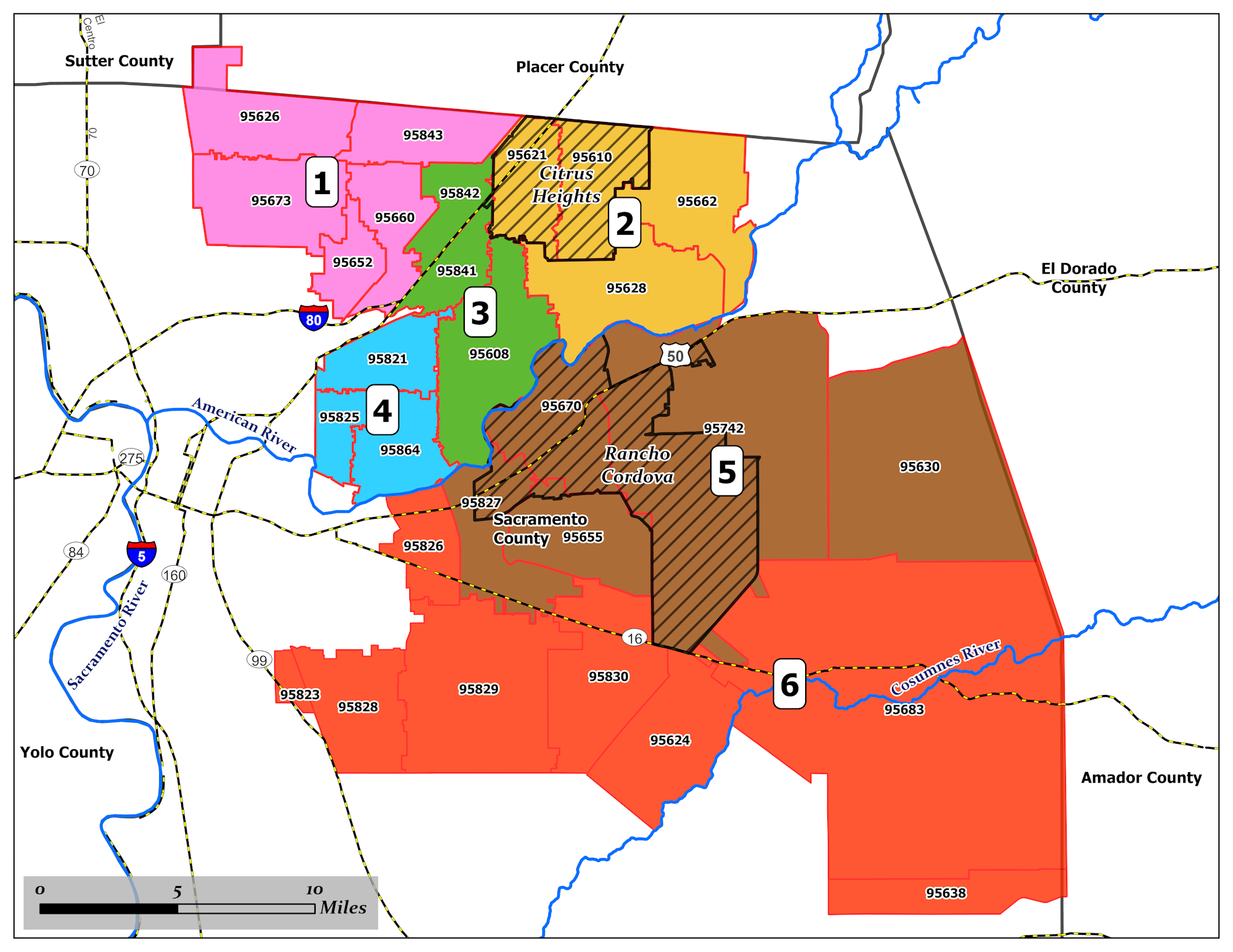 The image is a map showing various areas in Sacramento County, California, with numbered regions and their corresponding ZIP codes.